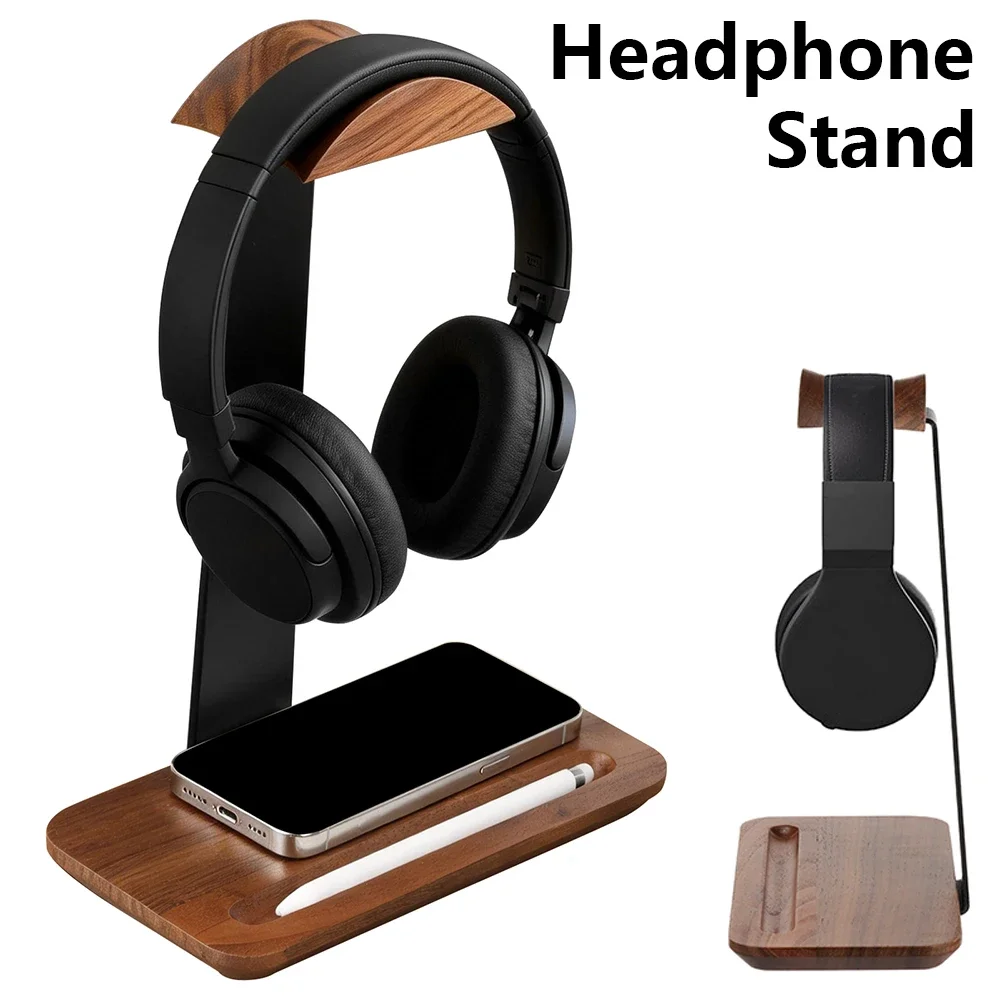 Headphone Stand Desk - Universal Wood Headphone Stand with Storage